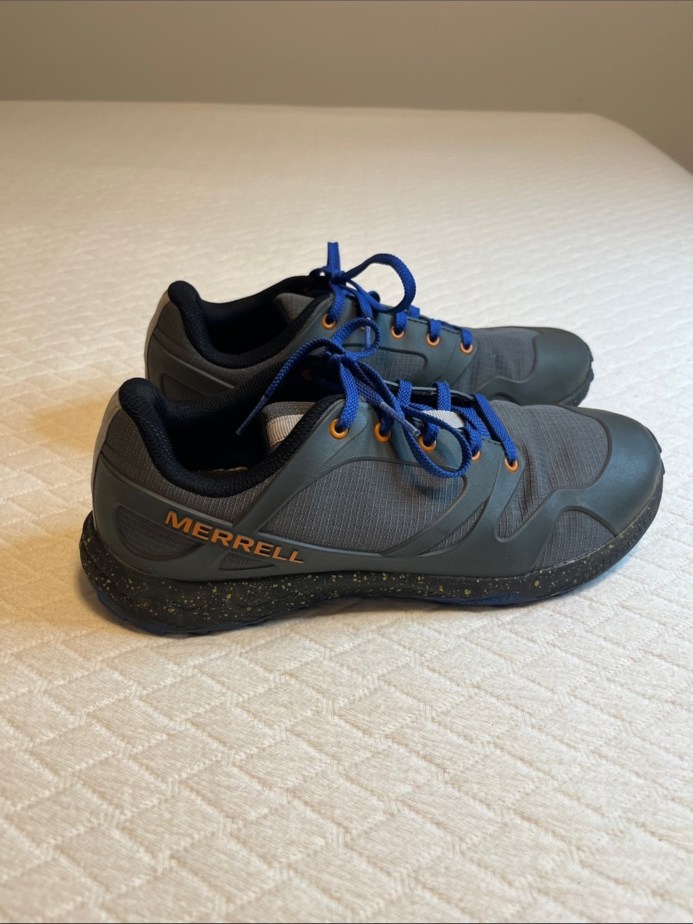 Merrell Men’s Gray Athletic Shoes with Blue Laces and Orange Accents